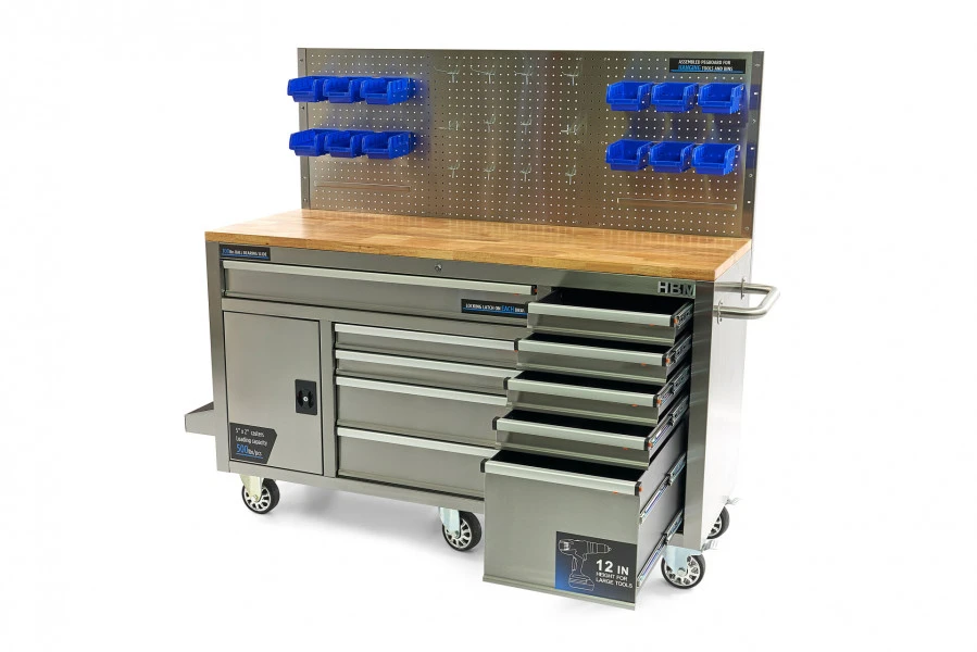 HBM Werkbank 158 Cm 10 Laden Met Deur En Achterwand, RVS 3 HBM Werkbank 158 Cm 10 Laden Met Deur En Achterwand, RVS